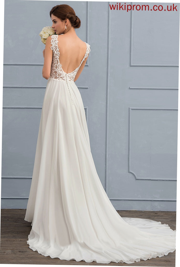 A-Line Emelia Chiffon Dress Court Wedding Dresses Train Wedding Lace V-neck