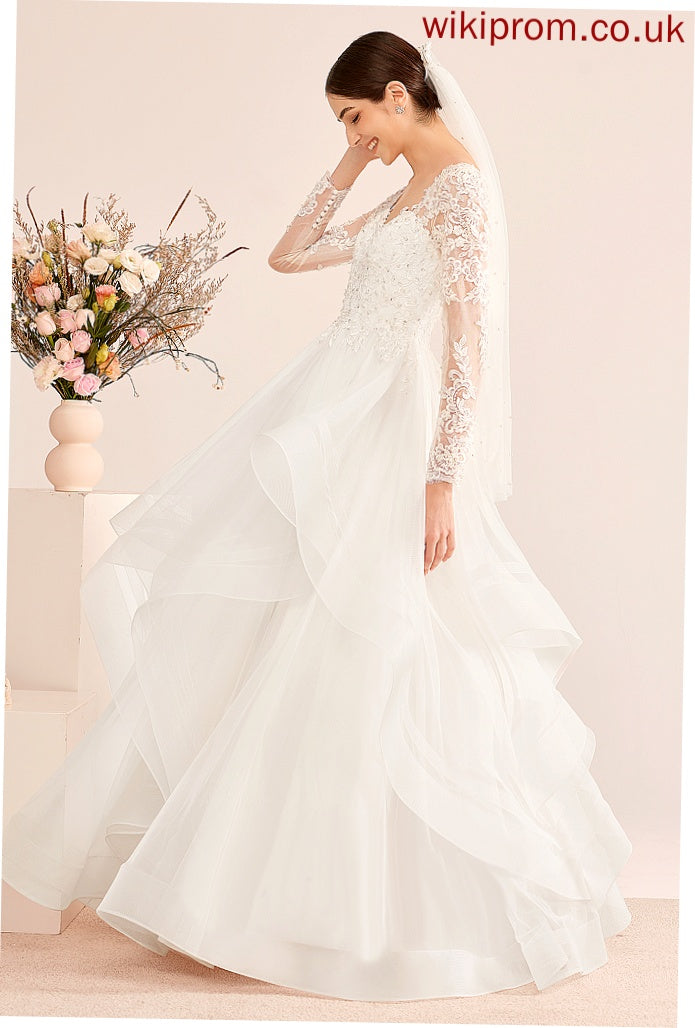 Ball-Gown/Princess Tulle Dress Floor-Length Wedding Dresses Kaila With Sequins Lace Beading V-neck Wedding