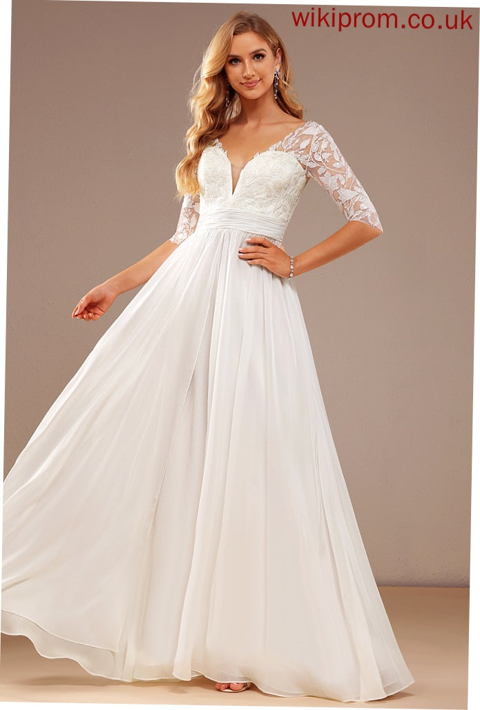 Katharine V-neck Floor-Length Lace Ruffle Wedding Dresses With Wedding Sequins A-Line Dress Chiffon