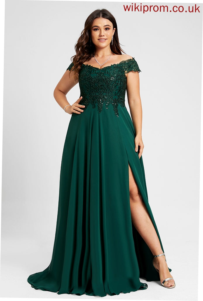 Chiffon Melina Train Sequins Lace Sweep Prom Dresses A-Line With Off-the-Shoulder