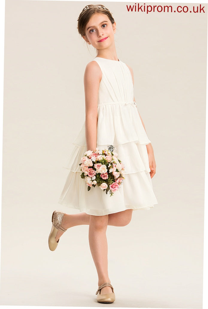 Scoop Junior Bridesmaid Dresses Cascading A-Line Bow(s) Chiffon Ruffles Undine With Knee-Length Neck