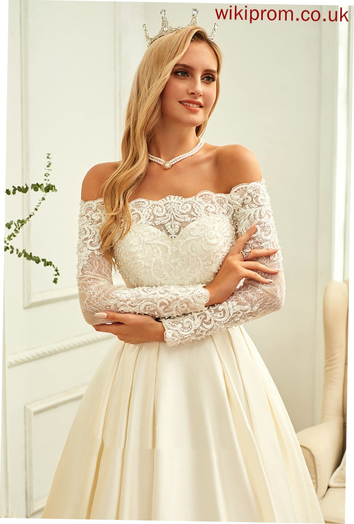 With Beading Off-the-Shoulder Wedding Dresses Dress Lace Satin Ball-Gown/Princess Wedding Sweep Elaina Sequins Train