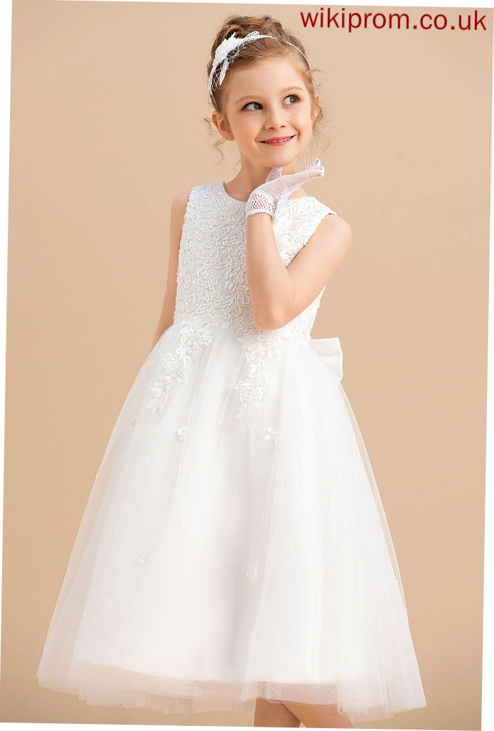 A-Line Scoop Girl Tea-length Bow(s) - Neck Satin/Tulle Flower Girl Dresses With Sleeveless Dress Flower Kali