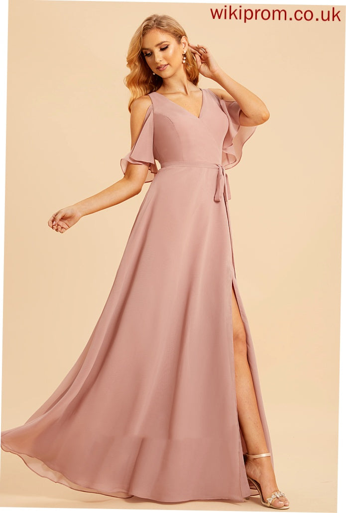 Silhouette SplitFront Floor-Length Neckline A-Line V-neck Embellishment Length Fabric Abbigail Spandex Natural Waist Bridesmaid Dresses