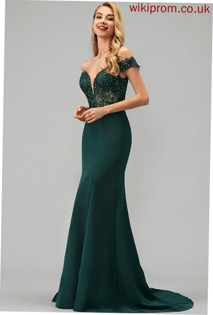 Trumpet/Mermaid Beading Lace Prom Dresses Train Crepe Sweep Sequins Melanie With Stretch Off-the-Shoulder