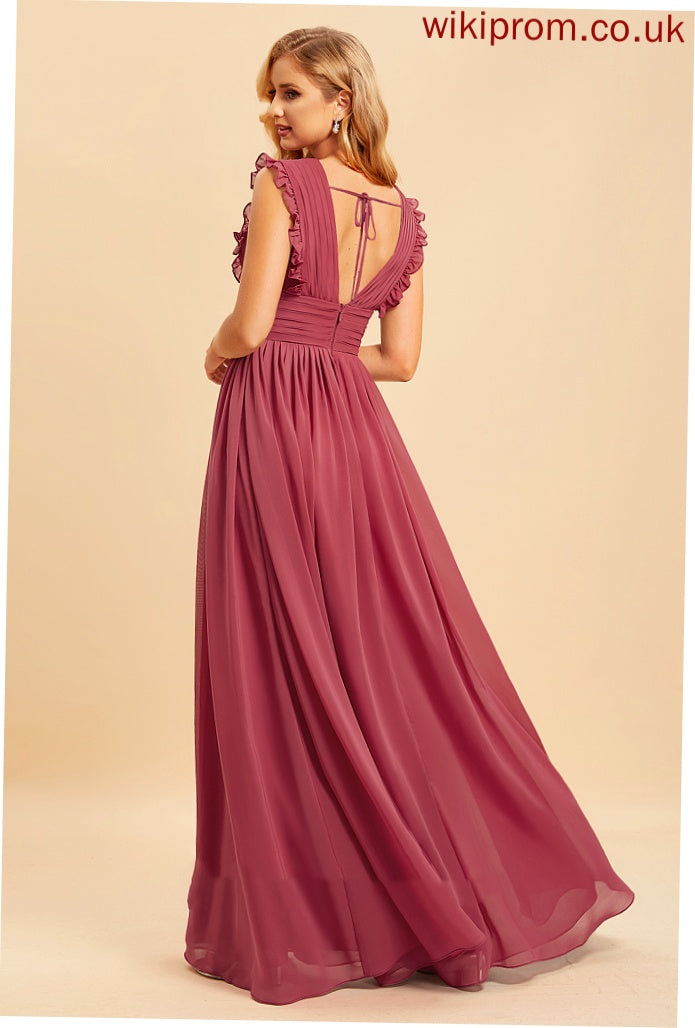 SplitFront V-neck Silhouette Length Neckline Ruffle Embellishment Fabric A-Line Floor-Length Edith Natural Waist Bridesmaid Dresses