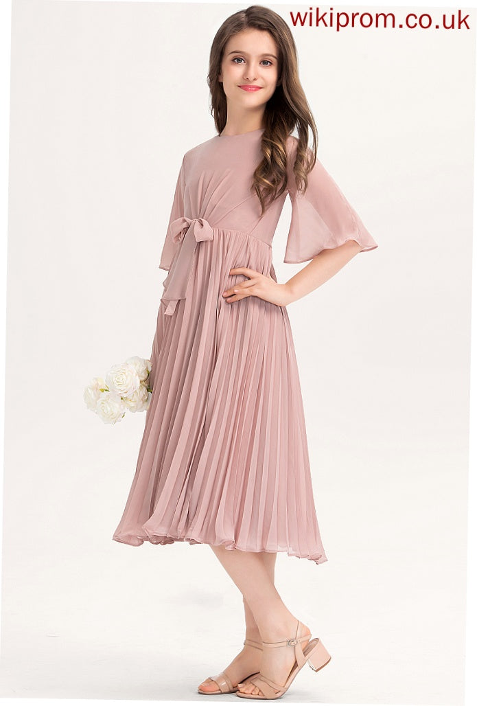 Pleated Knee-Length With Junior Bridesmaid Dresses Scoop A-Line Bow(s) Chiffon Aisha Neck