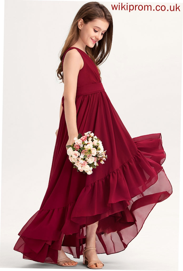 Jenny Chiffon Bow(s) V-neck Junior Bridesmaid Dresses A-Line Ruffles Cascading Asymmetrical With