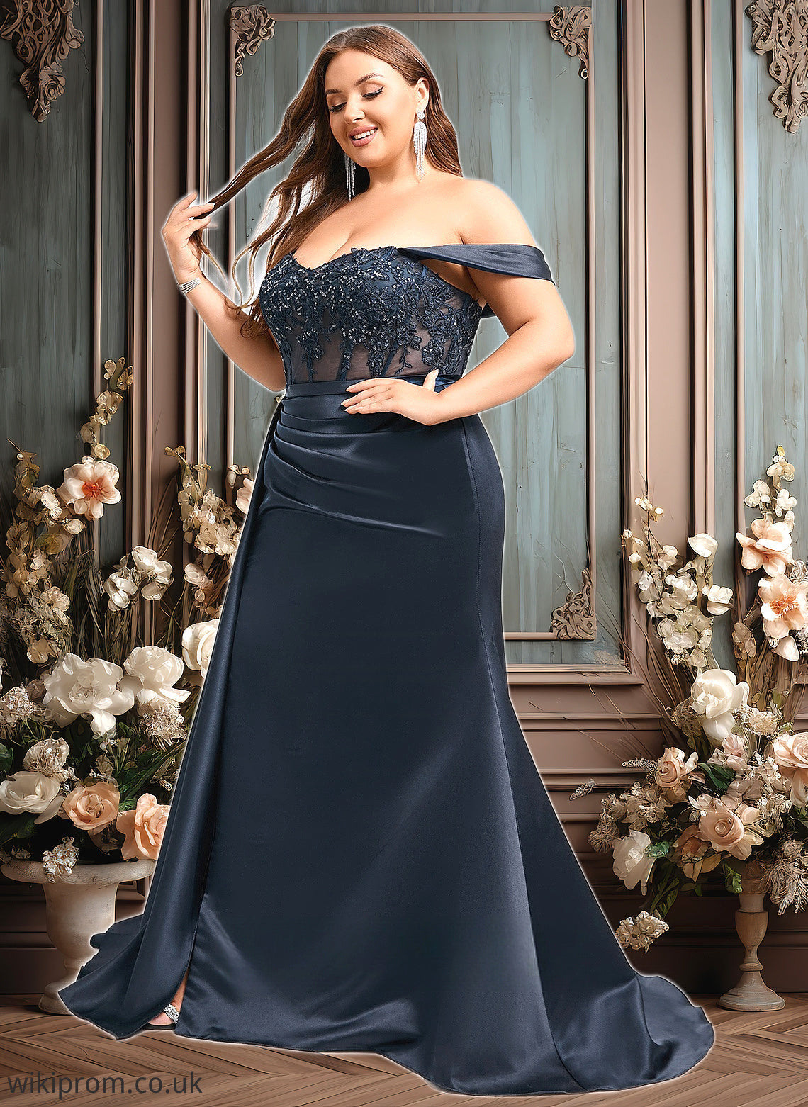 Patience Trumpet/Mermaid Off the Shoulder Sweep Train Satin Prom Dresses With Sequins Appliques Lace SWKP0025835