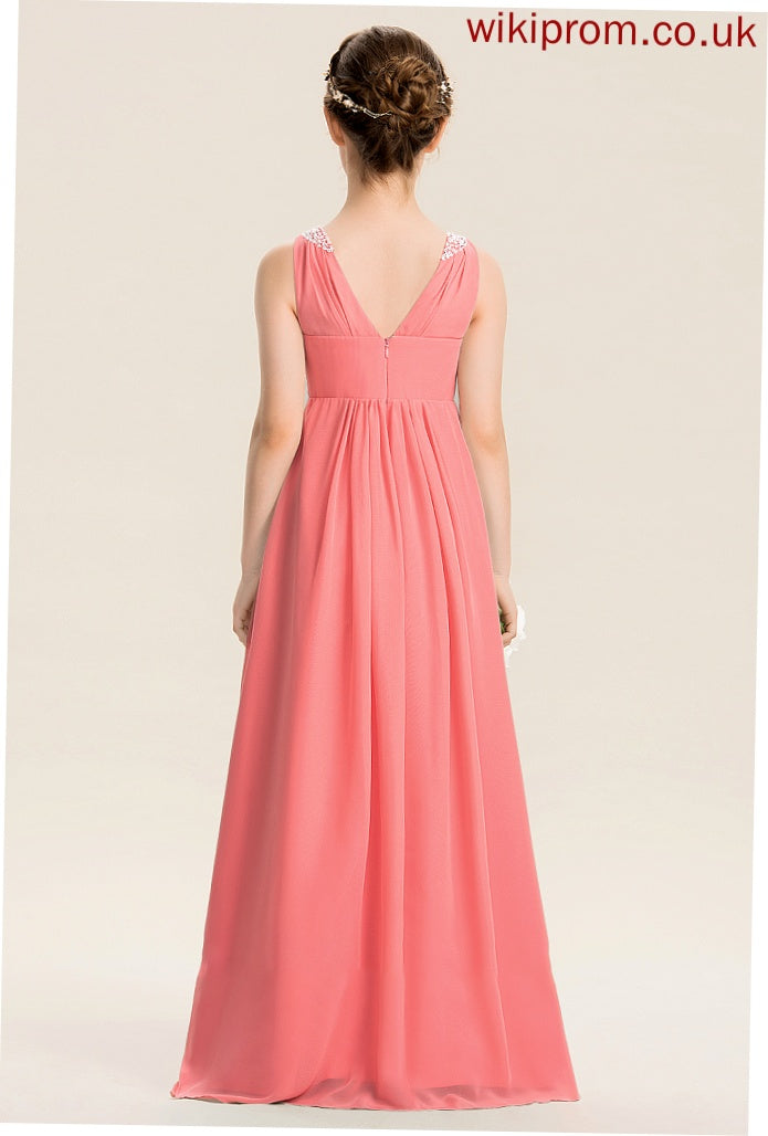 Jaylene EmpireV-neckFloor-LengthChiffonJuniorBridesmaidDressWithRuffleBeadingSequins#173291 Junior Bridesmaid Dresses