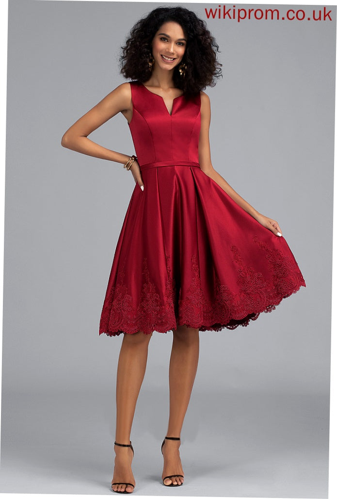 Homecoming Homecoming Dresses V-neck Dress A-Line Appliques Satin Knee-Length With Lace Skyla