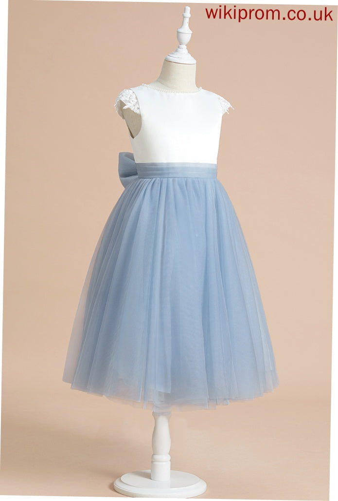 Neck Tea-length A-Line Elva Satin/Tulle Dress Sleeveless Girl - Scoop Flower Flower Girl Dresses With Lace/Bow(s)