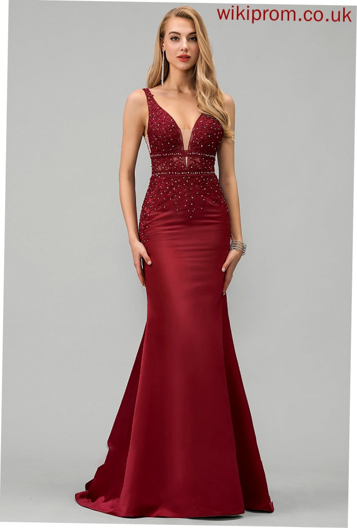 Sequins Prom Dresses V-neck With Lace Satin Train Alyson Trumpet/Mermaid Beading Sweep