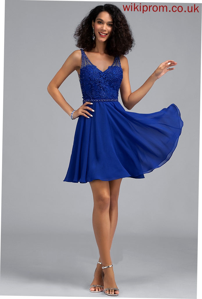 V-neck A-Line Short/Mini Joslyn Chiffon Homecoming Dresses Homecoming Beading Lace With Dress