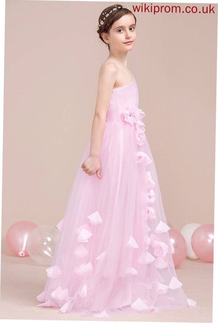 Tulle One-Shoulder Floor-Length A-Line Junior Bridesmaid Dresses With Ruffle Athena Flower(s)