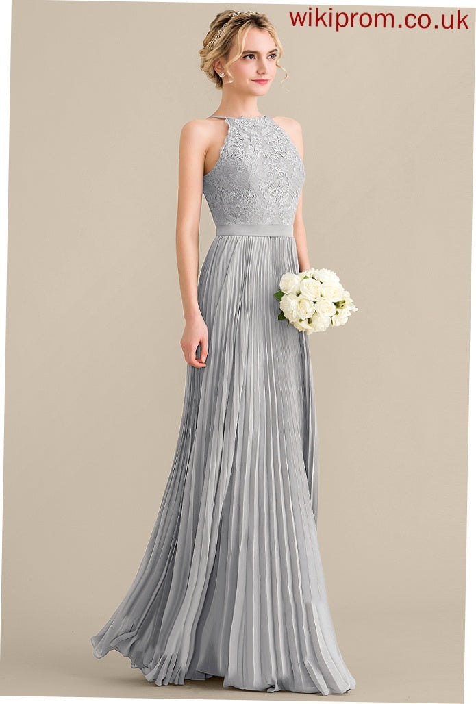 Lace Floor-Length Prom Dresses A-Line Scoop Cecelia Pleated Chiffon With