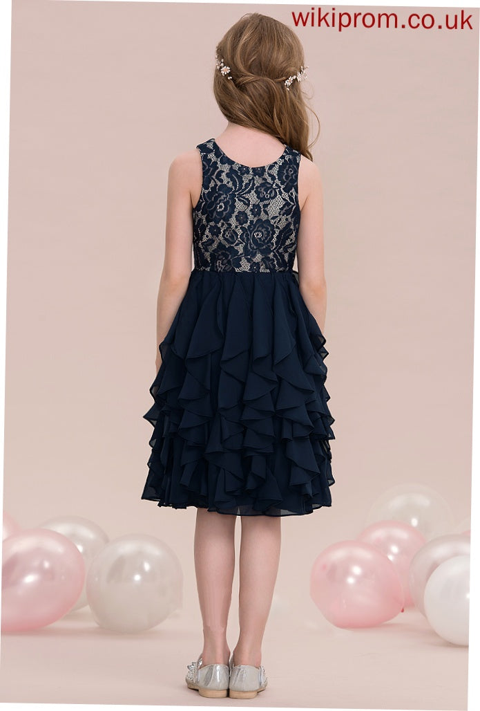 Scoop A-Line Ruffles Junior Bridesmaid Dresses Mikayla Neck Cascading With Knee-Length Chiffon