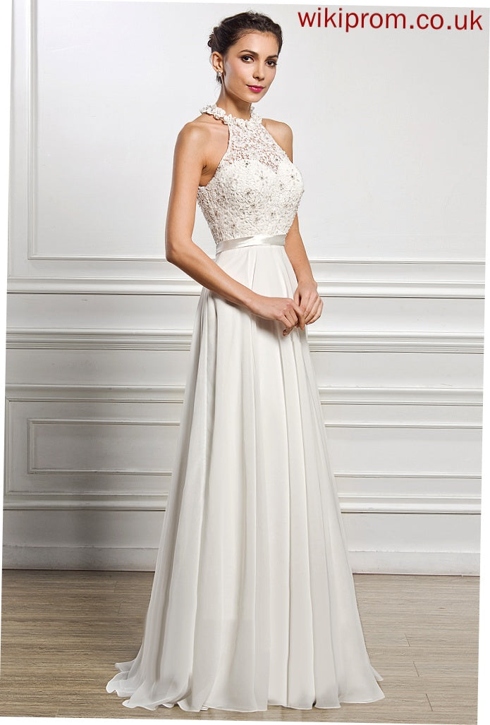 Beading Scoop Wedding Dresses Wedding Sequins Chiffon With Lace Dress Floor-Length A-Line Cecilia Neck