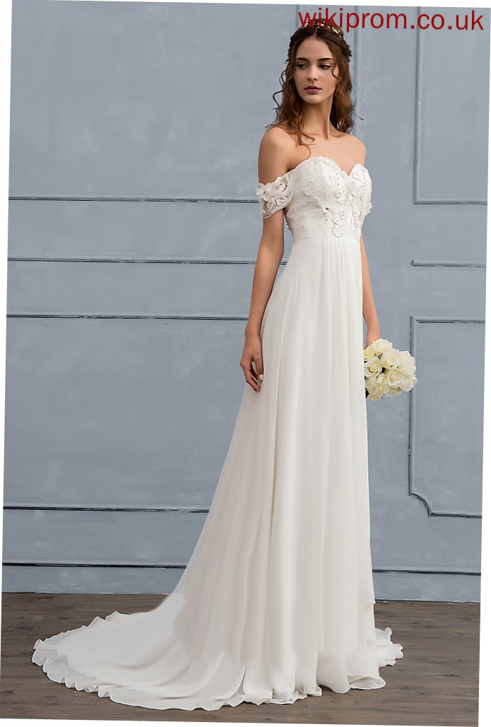 Sweep Chiffon Kierra Beading Dress Flower(s) With Lace Wedding Dresses A-Line Wedding Train Off-the-Shoulder