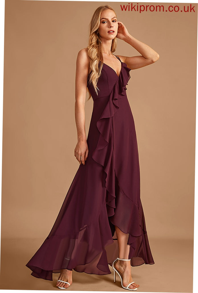 V-neck A-Line Embellishment Length Silhouette SplitFront Neckline Fabric Ruffle Asymmetrical Lorna Bridesmaid Dresses