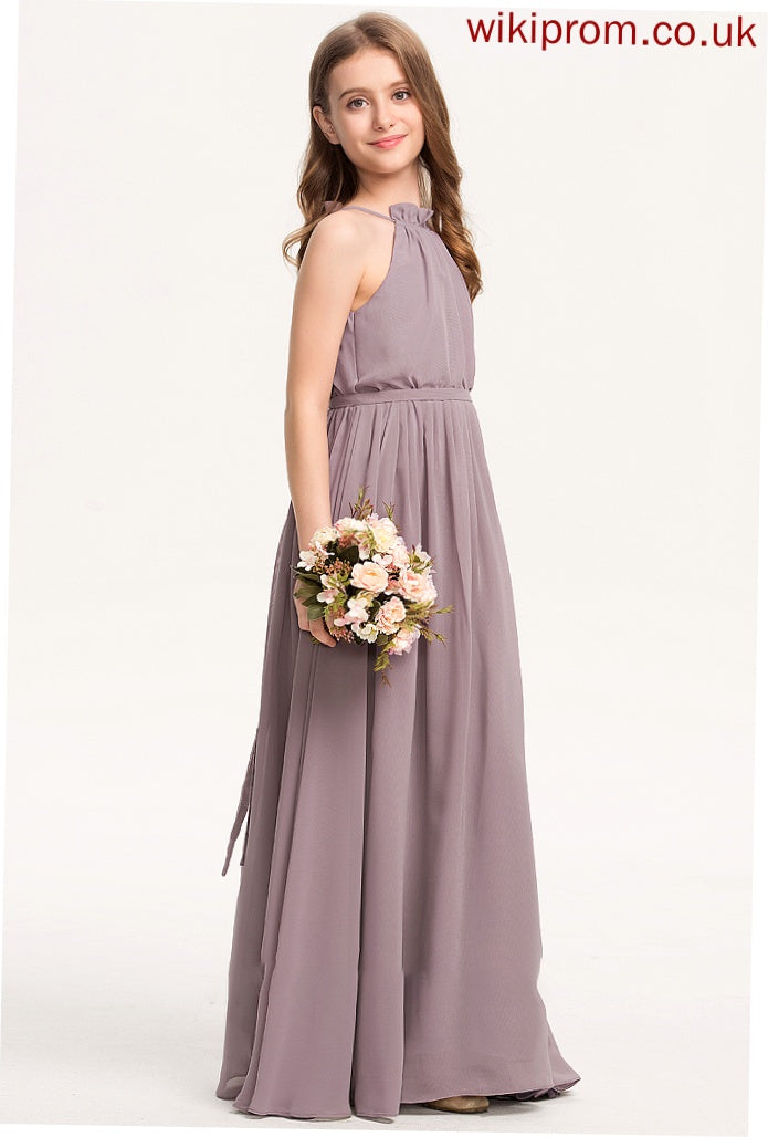 A-Line Cascading Junior Bridesmaid Dresses Bow(s) Floor-Length Ruffles Neck Mya With Chiffon High