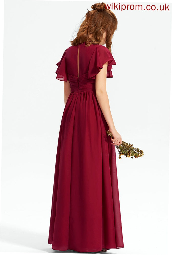 Junior Bridesmaid Dresses V-neck Ruffle A-Line Chiffon Kamila With Floor-Length