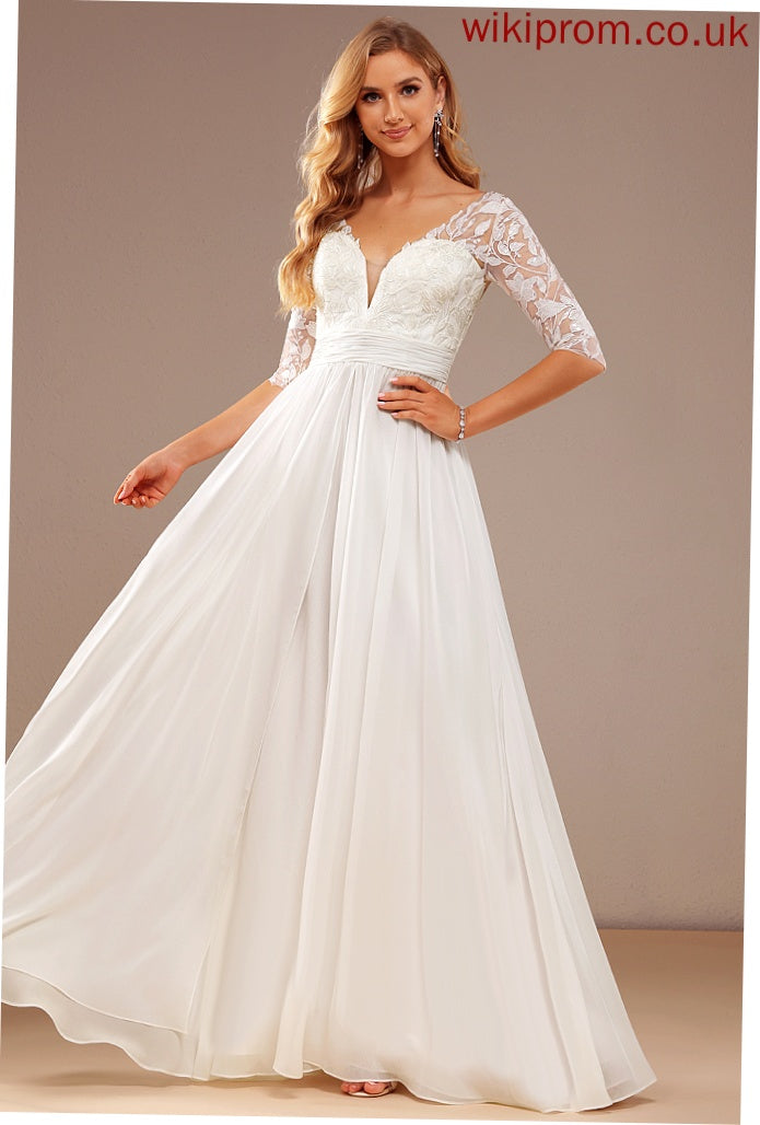 Wedding Floor-Length V-neck Wedding Dresses Chiffon Lace With Lace Sequins A-Line Dress Carmen Ruffle