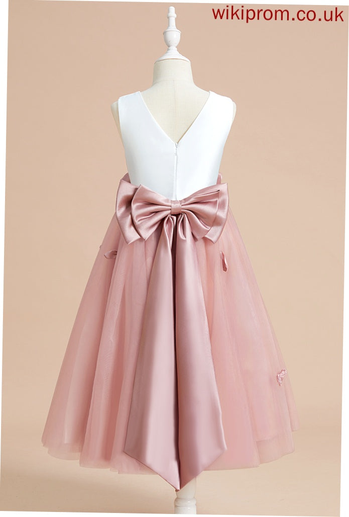 Neck Flower(s)/Bow(s) Flower With - Tea-length Dress Flower Girl Dresses Girl A-Line Scoop Yadira Satin/Tulle Sleeveless