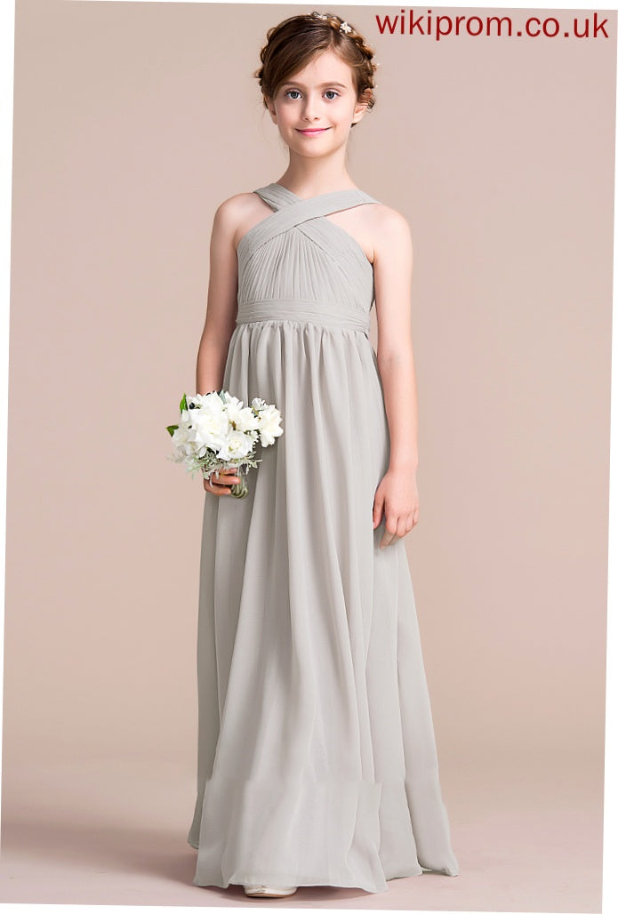 Ruffle Junior Bridesmaid Dresses A-Line Bow(s) Hailee Floor-Length With V-neck Chiffon