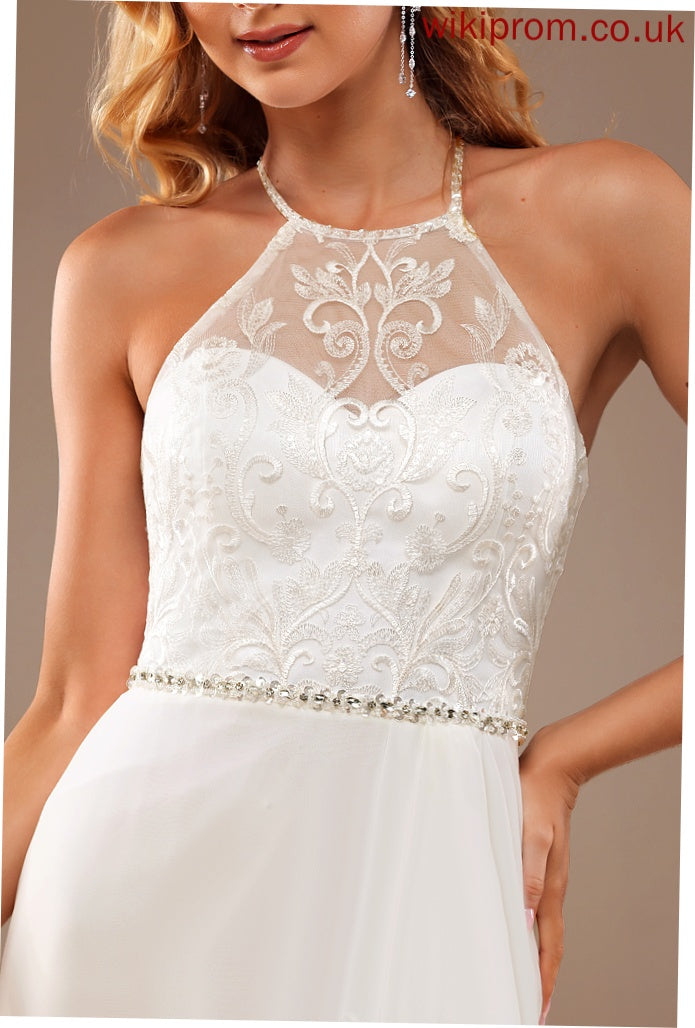 Wedding Dresses A-Line High Neck Dress Sweep Train Sidney Wedding Sequins Lace Beading Lace Chiffon With