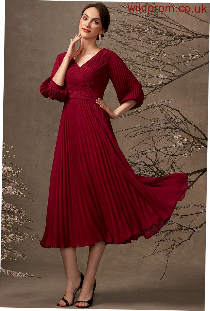 V-neck Chiffon With Cocktail Tea-Length Cocktail Dresses A-Line Dayana Pleated Dress