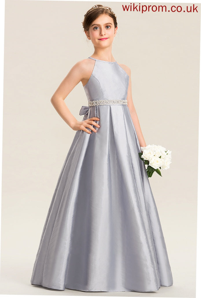 A-Line With Junior Bridesmaid Dresses Neck Taffeta Bow(s) Floor-Length Beading Kaelyn Scoop