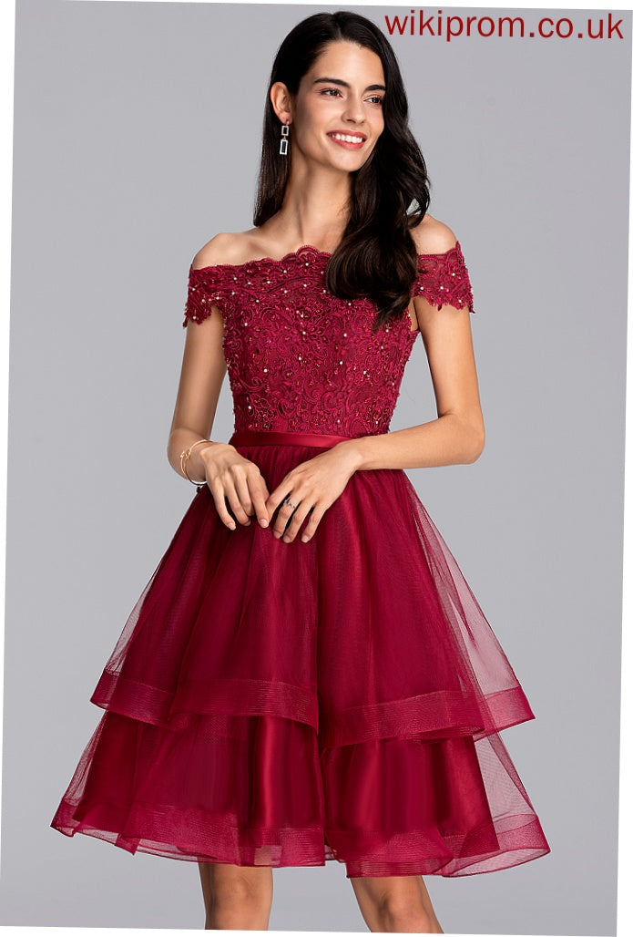 Dress Knee-Length A-Line Homecoming Dresses Lace Kristina Sequins With Tulle Beading Off-the-Shoulder Homecoming