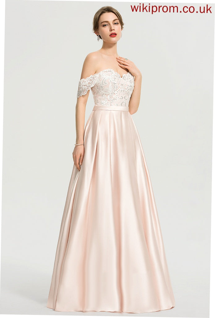 Nicola Lace Ball-Gown/Princess Floor-Length Wedding Dresses Sequins Satin Wedding Dress With Off-the-Shoulder