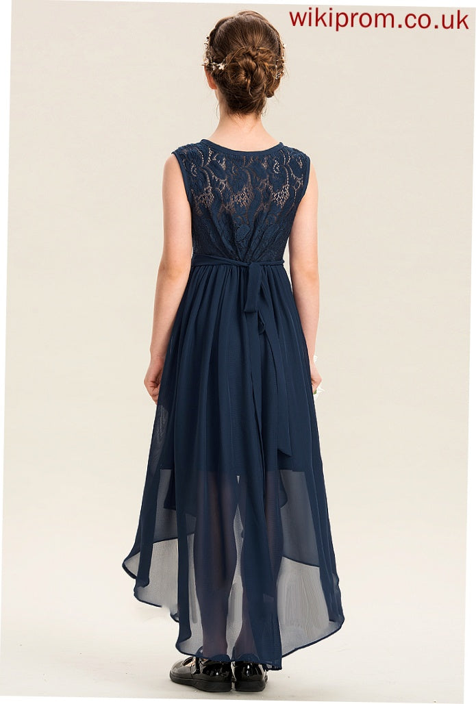 Scoop Heidi Asymmetrical Bow(s) Chiffon Junior Bridesmaid Dresses A-Line Neck Cascading With Ruffles Lace