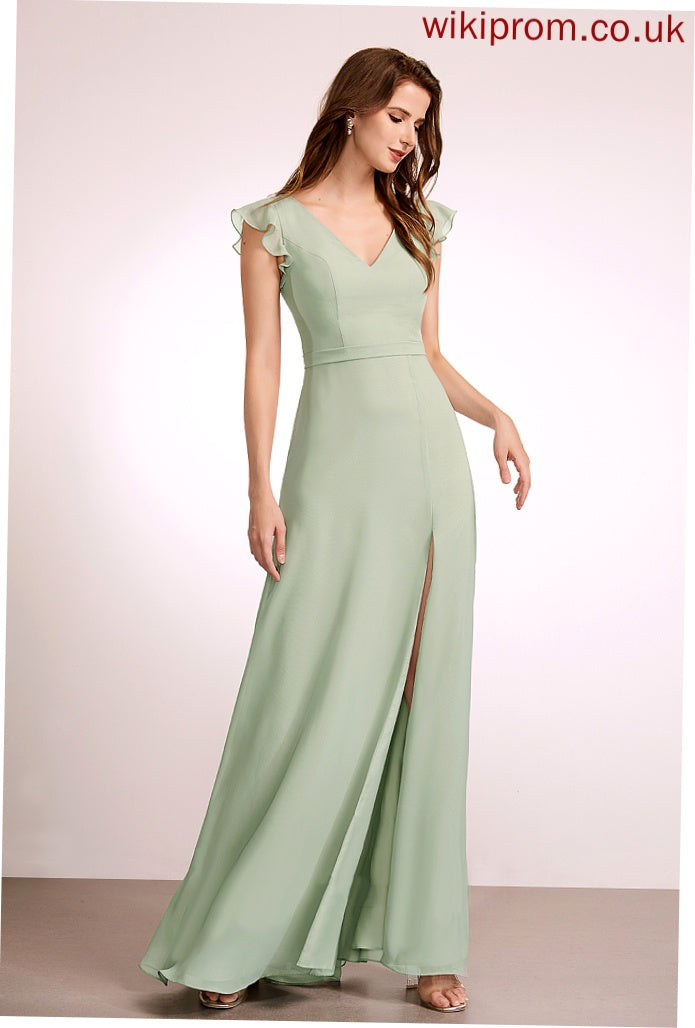 Embellishment V-neck Length SplitFront A-Line Floor-Length Silhouette Neckline Fabric Ariella Cap Sleeves Natural Waist Bridesmaid Dresses