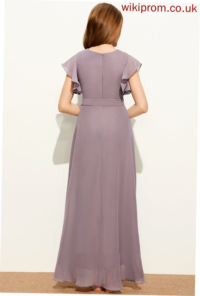 A-Line Junior Bridesmaid Dresses Regina V-neck Bow(s) Asymmetrical Chiffon With Ruffle