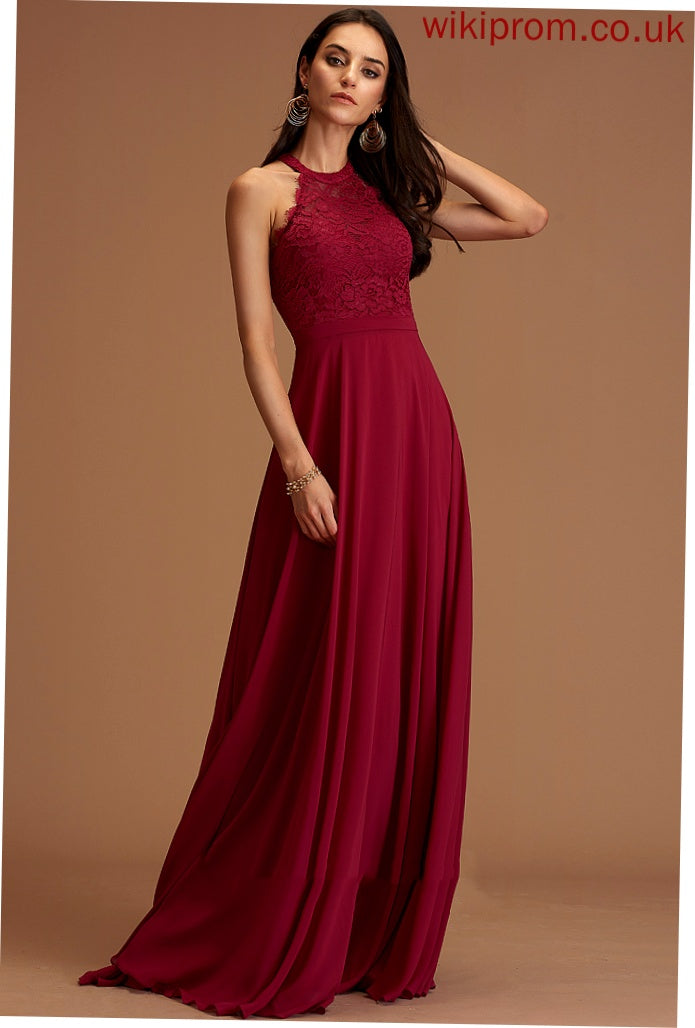 Lauretta A-Line Lace Floor-Length Chiffon Scoop Prom Dresses