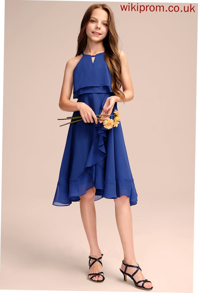 Zoie Chiffon With Scoop Neck Knee-Length A-Line Cascading Ruffles Junior Bridesmaid Dresses