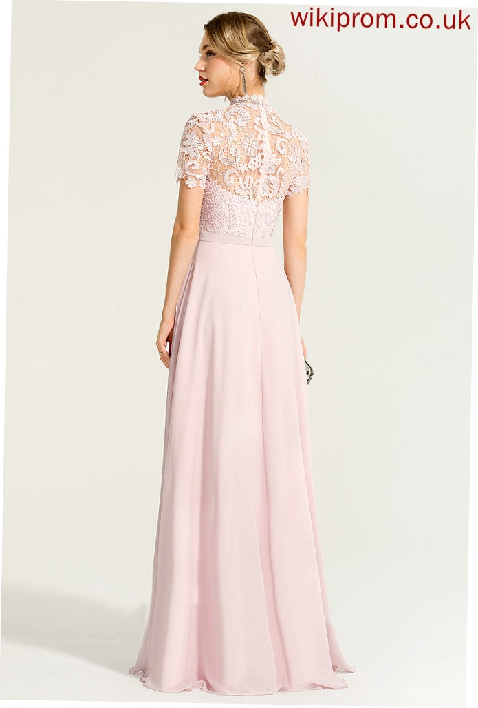 Floor-Length Chiffon Prom Dresses High With Lace Sequins Alisha Neck A-Line