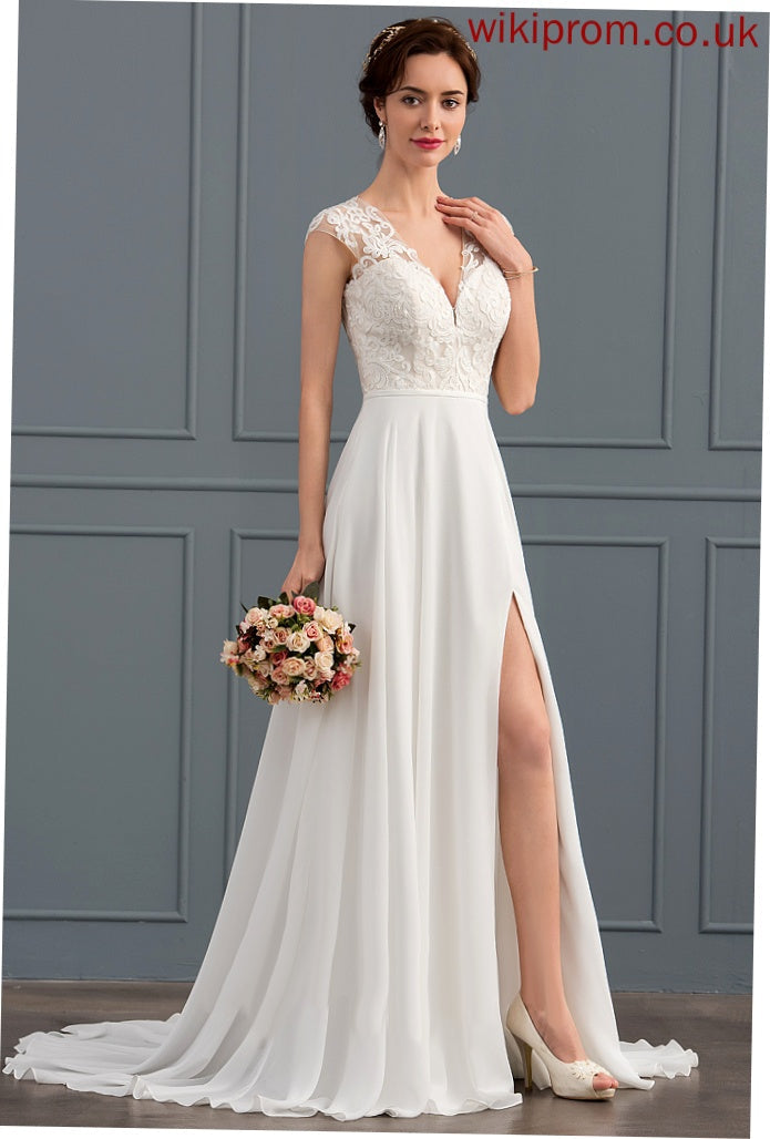 Split With Kassidy Lace Dress Chiffon A-Line Train Sweep V-neck Front Wedding Dresses Wedding