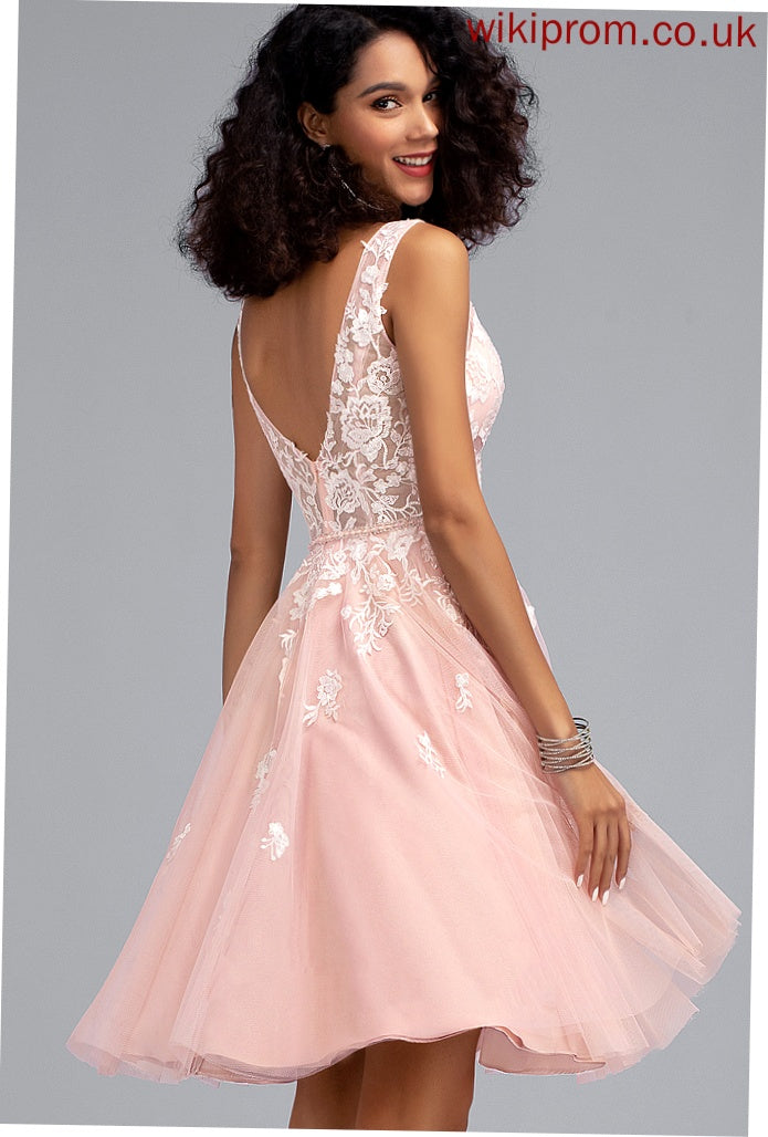 Knee-Length Mavis A-Line With Sequins Homecoming Dresses Homecoming Dress Tulle Beading Lace V-neck