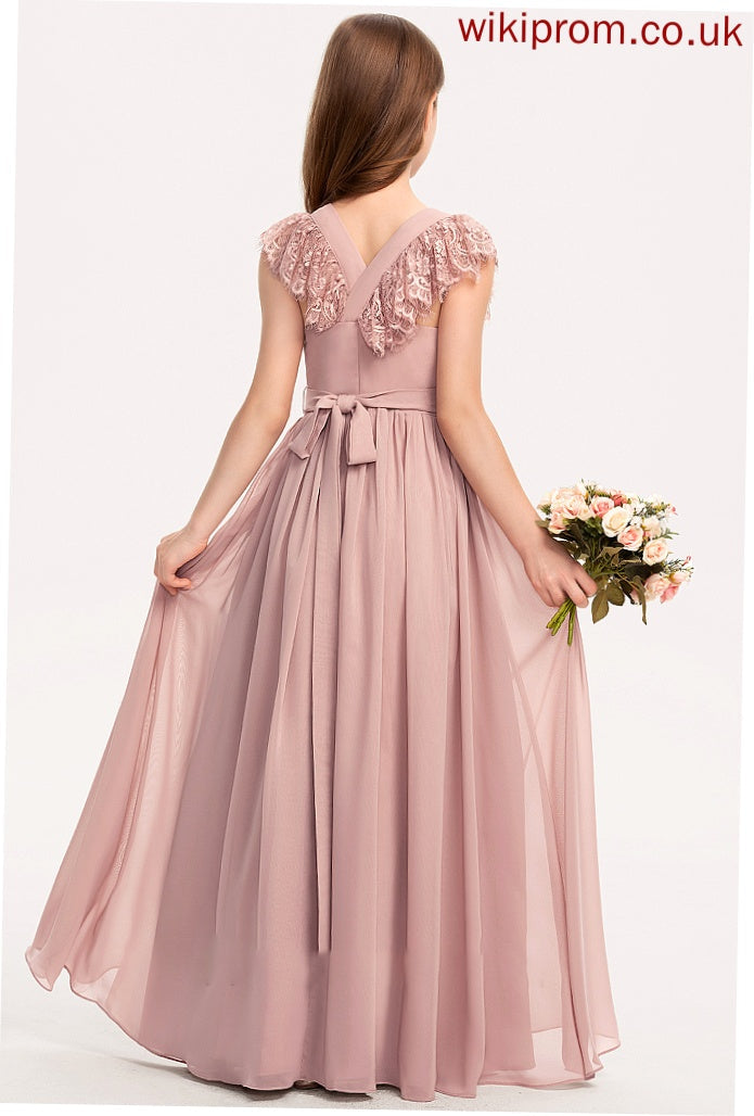 Chiffon Floor-Length Junior Bridesmaid Dresses Bow(s) Lace Isla Neck A-Line With Scoop