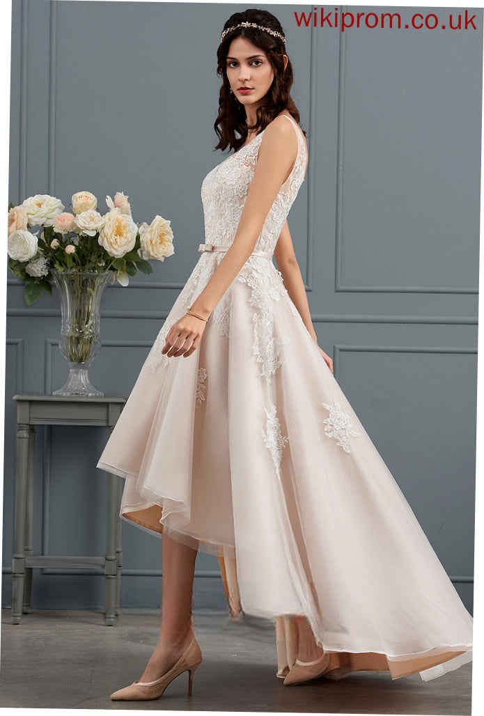 Satin Cassie Wedding A-Line Dress With Tulle Wedding Dresses Asymmetrical V-neck Lace Bow(s)