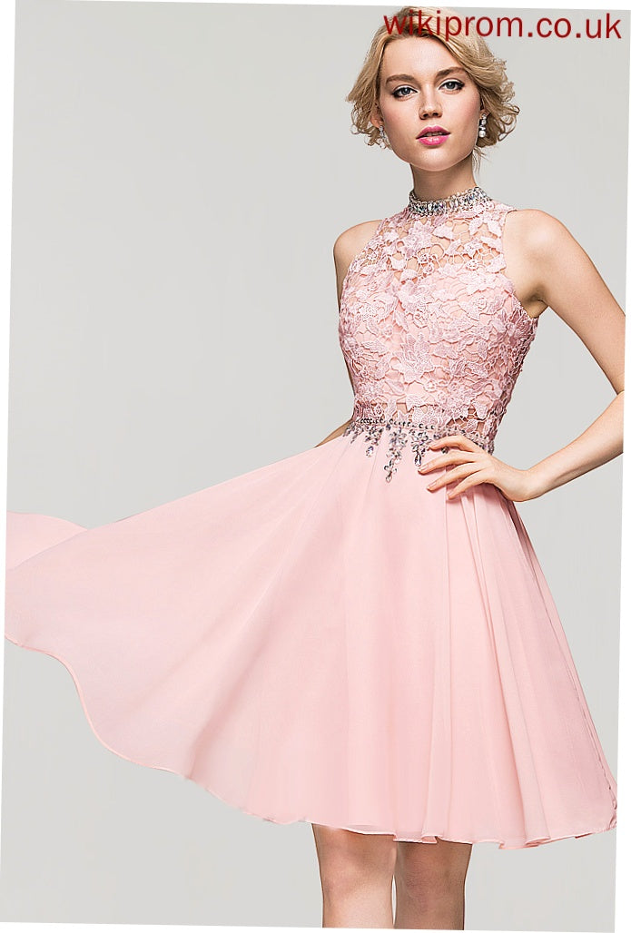 A-Line Homecoming With Sequins Chiffon Neck Dress Knee-Length Kelly Lace Homecoming Dresses Beading High