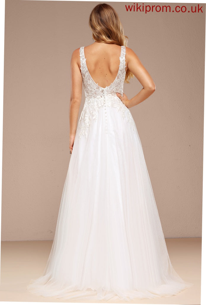 Wedding Dresses Tulle Wedding With Train Dress Sequins Lace A-Line Sweep V-neck Olivia