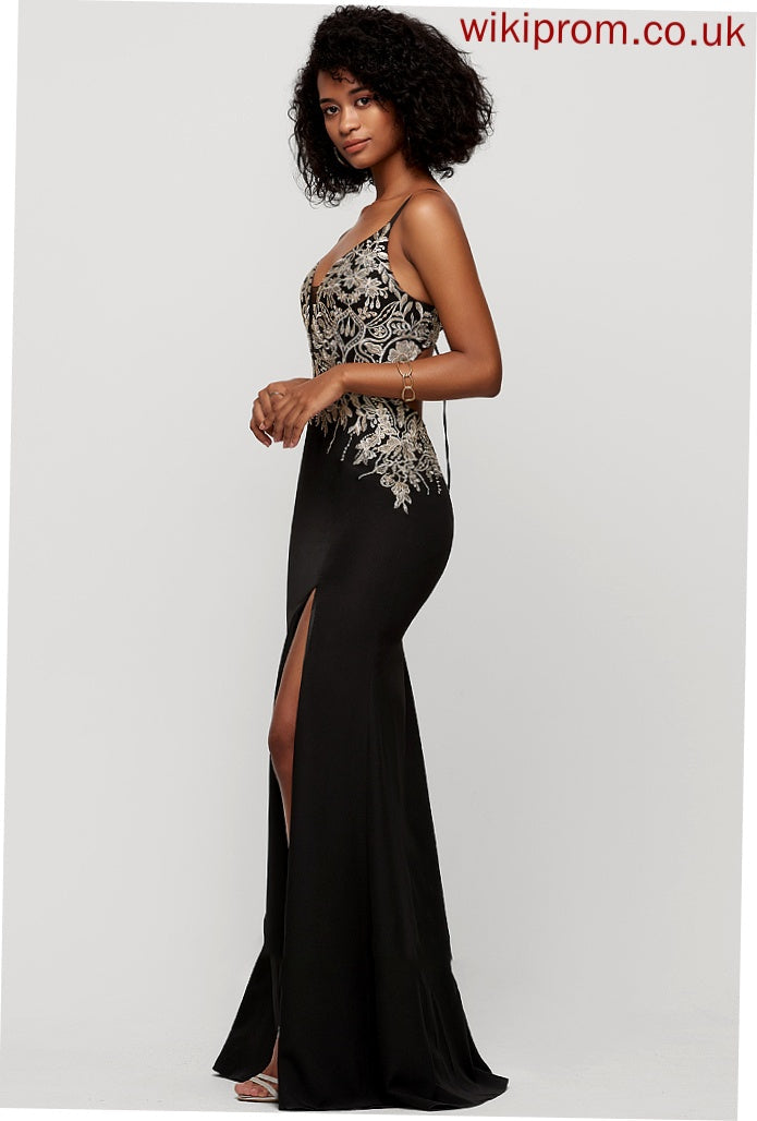 Stretch Sequins Prom Dresses Floor-Length With Front Trumpet/Mermaid V-neck Elsie Split Crepe