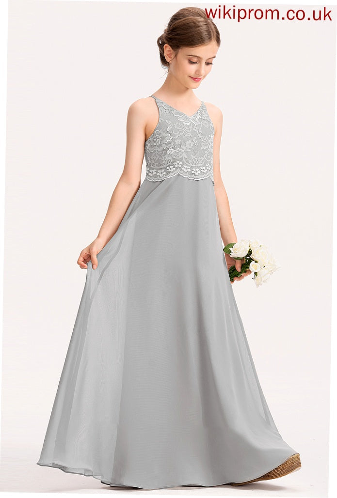 A-Line Junior Bridesmaid Dresses Lace Addyson Floor-Length Chiffon V-neck