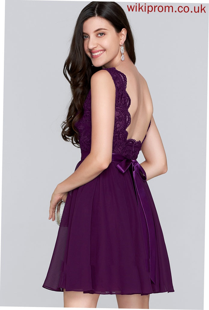 With A-Line V-neck Homecoming Dresses Bow(s) Homecoming Maddison Chiffon Short/Mini Lace Dress