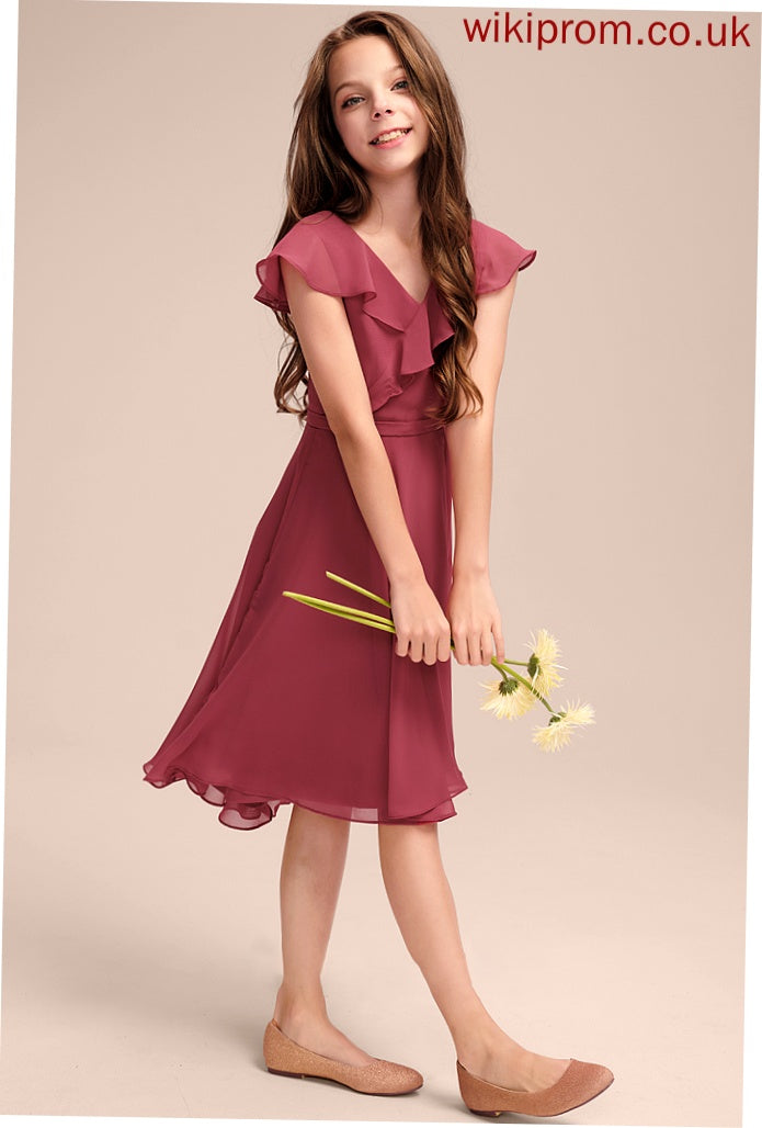 Ruffles With Josephine Cascading Junior Bridesmaid Dresses Chiffon A-Line V-neck Asymmetrical